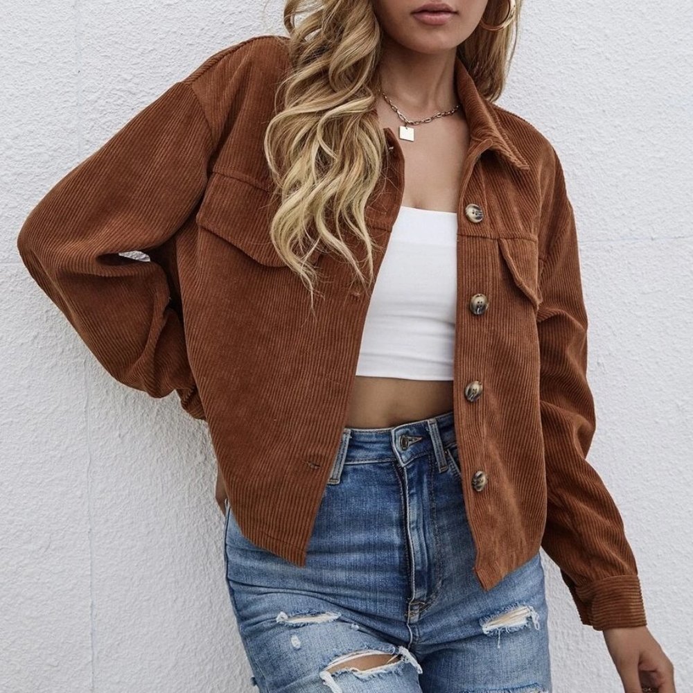 Brown Solid Button Front Pocket Detail Jacket